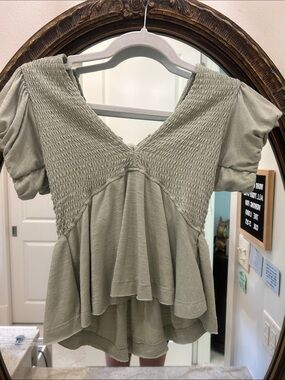 Altar’d State Smocked V‑Neck Sage Green Women’s Top